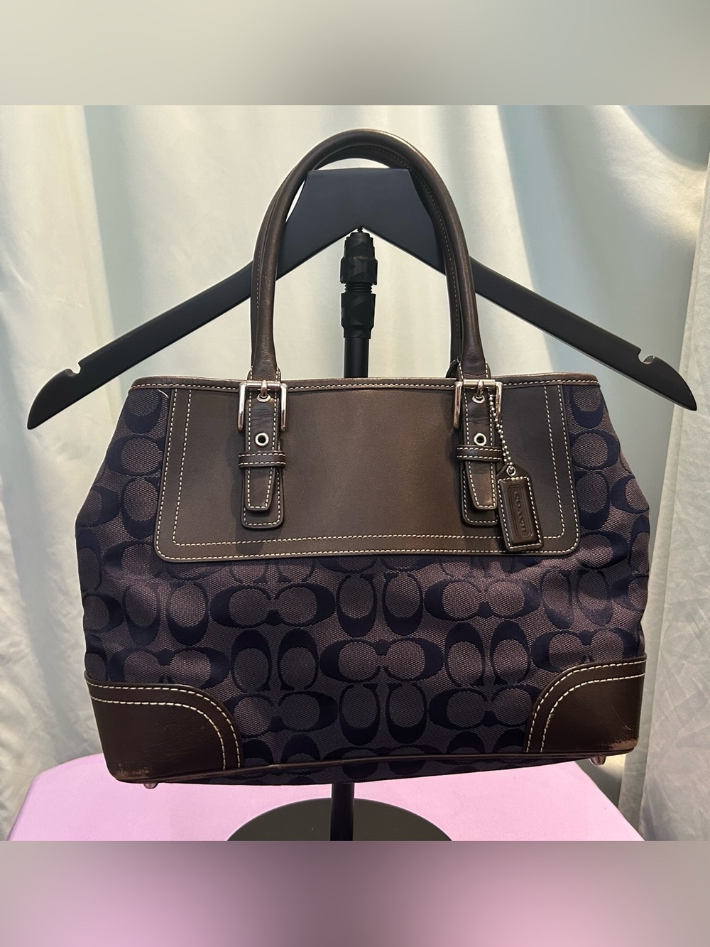 Coach Hampton Navy Signature Canvas Tote with Espresso Brown Leather Trim EUC